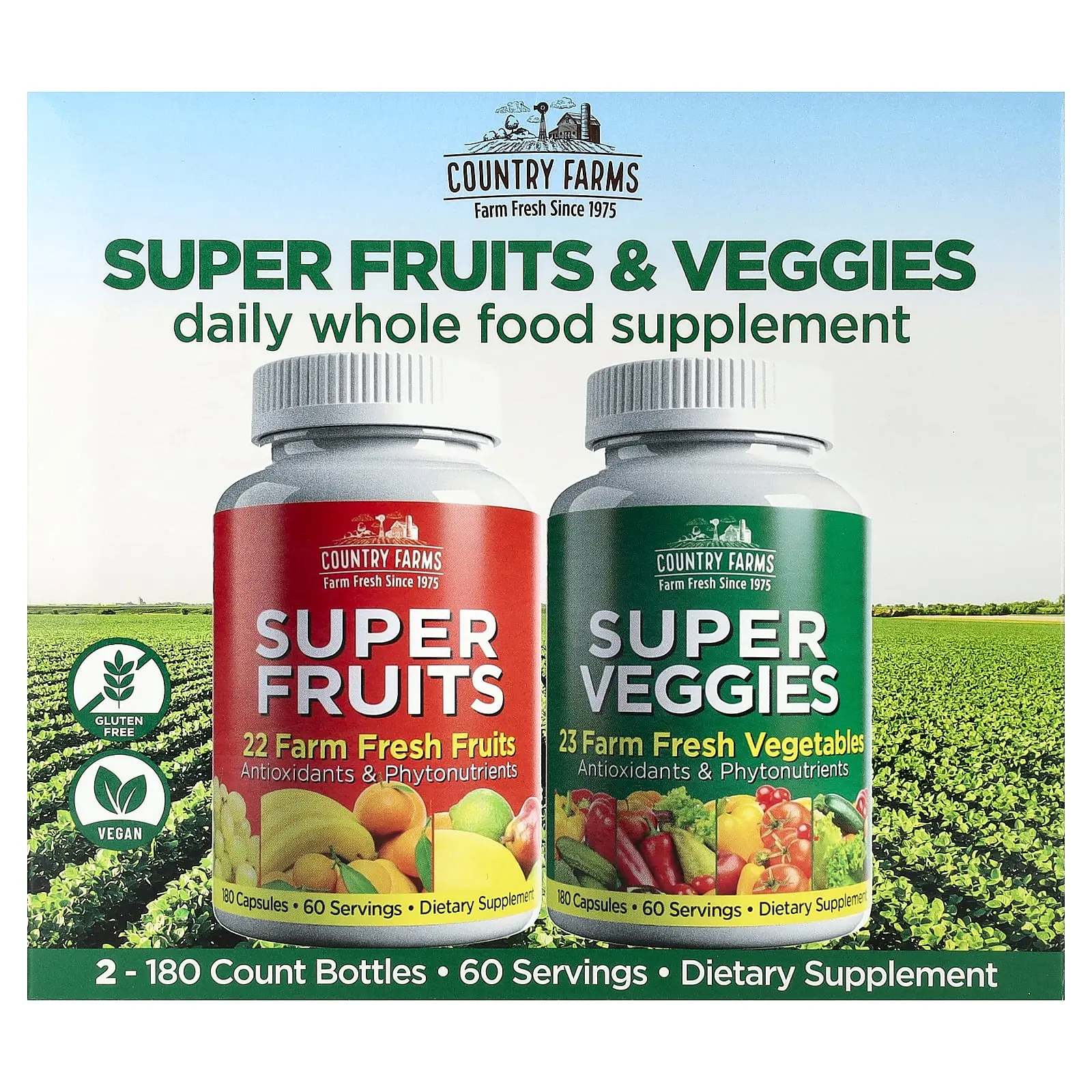 Country Farms Super Fruits & Super Veggies, 2 Pack, 180 Capsules Each