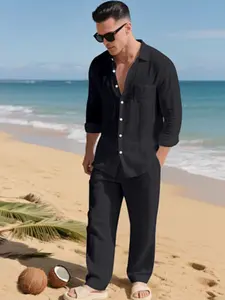 Men's Spring Summer Linen Set Outfit, Flap Pocket Drawstring Pants, American Casual Style, Breathable Skin-Friendly Two-Piece Suit