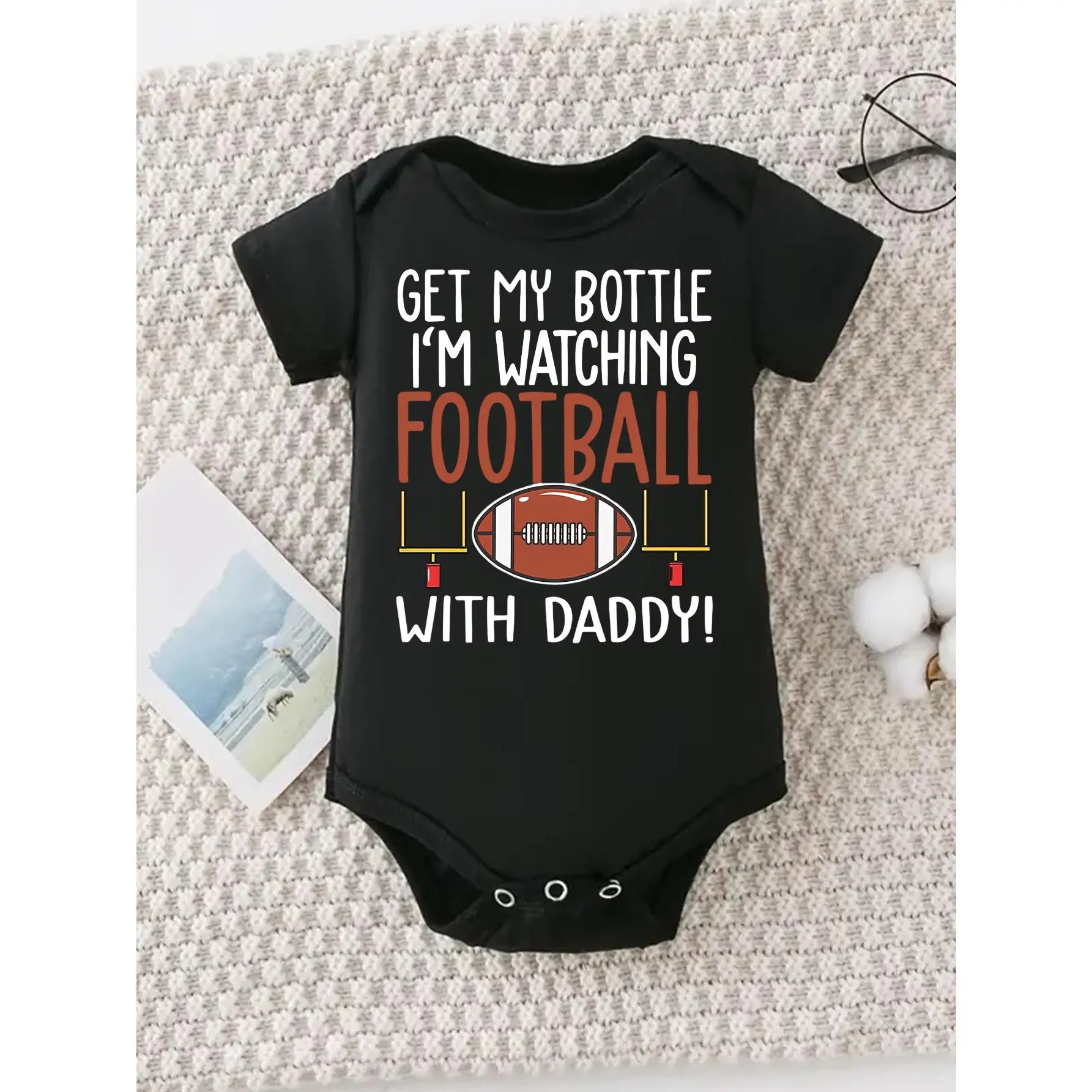 Newborn Baby Boy Football Print Bodysuit, Soft Cotton Knit Short Sleeve Onesie, Tag-Free with Expandable Shoulders for 0-12 Months, Baby Boy Clothes, 96%Cotton, Baby Items, Elastane
