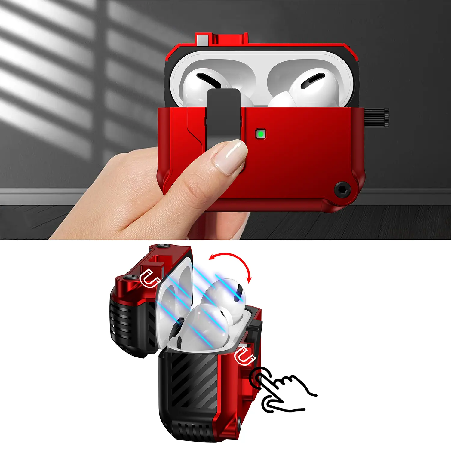 Secure Lock AirPods Case with Carabiner, Military-Grade Shockproof Protective Cover for AirPods Pro 2/1, AirPods 3/2/1