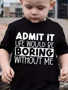 Summer Fashion Kids' Letter Print T-Shirt, Graphic Print Tee, Cute Boys Casual Sport Short Sleeve Top, Suitable for Ages 1-8, Fitted Medium Length, Funny Graphic Tees