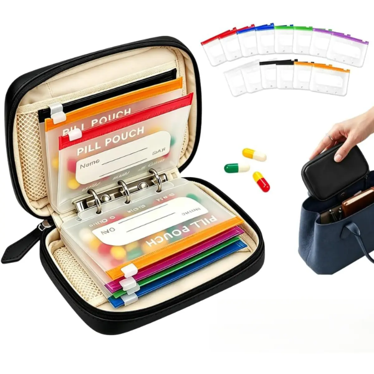 A8 Waterproof Pill Pouch Set Large Weekly Pill Organizer with 14 Color-Coded Medicine Pouches Reusable Travel Medicine Organizer Zippered Pill Storage for Fish Oils Vitamins,dorm room inspo,college dorm essentials,dorm haul