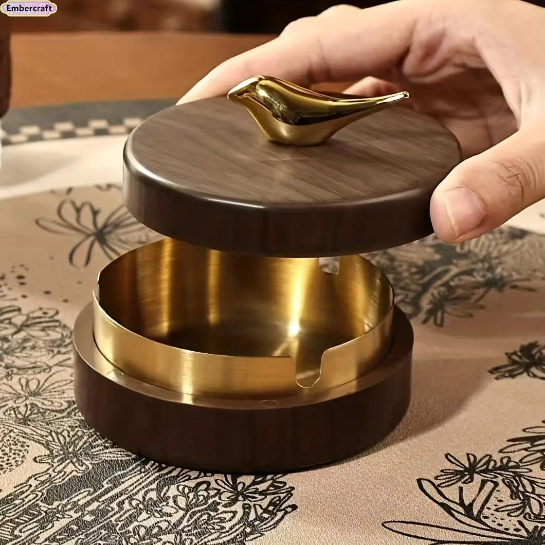 Windproof Odor-Sealing Ashtray with Lid - Luxury Modern Retro Creative High-End Home Ornament, Room Decor, Walnut Golden Bird Design Fashion Accessory for Home, Vehicle Use, Home Ornaments