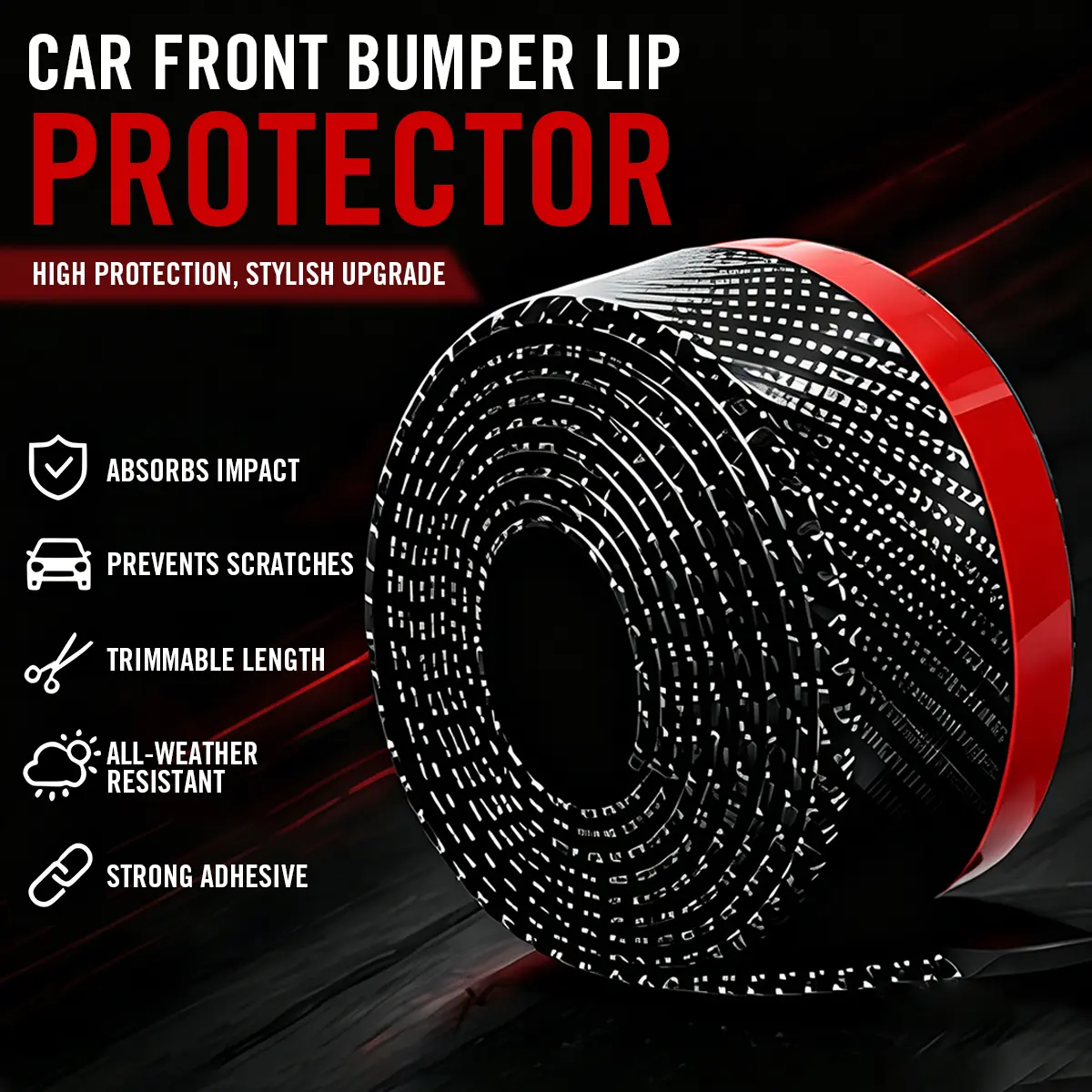 2.5M Carbon Fiber Look Car Bumper Lip, Universal Flexible Rubber Front Splitter Trim, Anti-Scratch Side Skirt Protector, Self Adhesive DIY Exterior Styling Accessory for Cars SUVs Trucks