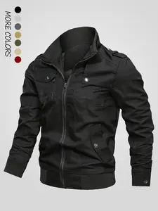 Men's Pocket Stand Collar Zip Up Jacket, Regular Fit Casual Long Sleeve Outerwear for Fall & Winter, Fashion Casual Outerwear, Casual Style Outerwear