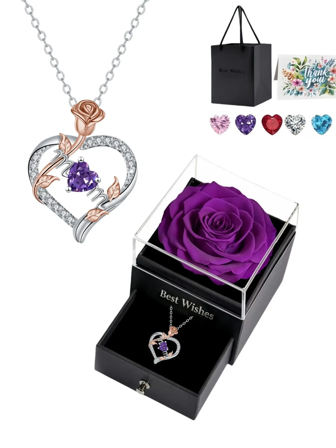 MOM Rose Glow, Color Charm Two-tone rose gold necklace, Birthday gift jewelry, Heart Design, light luxury, versatile clavicle chain, Paired with a purple preserved rose gift box, Ideal for birthdays, Mother’s Day and Valentine’s Day