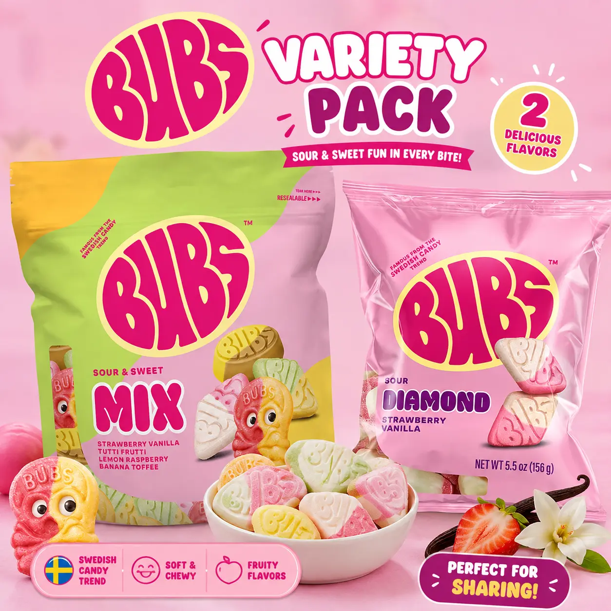 BUBS Swedish Soft Sour-Sweet Pick-and-Mix Gummy Pouch Variety Pack - 10 oz Viral Trending Snacks for Candy Lovers, Sour & Sweet Flavors (Strawberry Vanilla, Tutti Frutti, Lemon Raspberry, Banana Toffee) - Vegan, Gluten-Free, Swedish Candy, Gummies