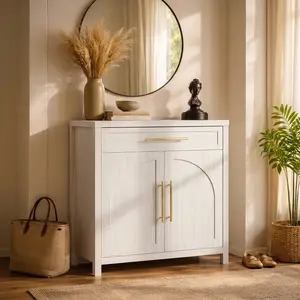 ABCASA Mid-Century Modern Sideboard, 31.5" Small Buffet Cabinet with Arched Natural Wood Texture, 2-Door Accent Cabinet with Adjustable Shelves for Kitchen, Living Room Wooden Drawers Cupboard Furniture