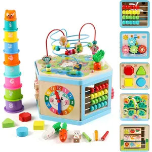 Wooden Activity Cube for 1-3 Year Old Toddlers, Educational Learning Bead Maze Developmental Montessori Toys Gift for 12-36 Months Boys Girls