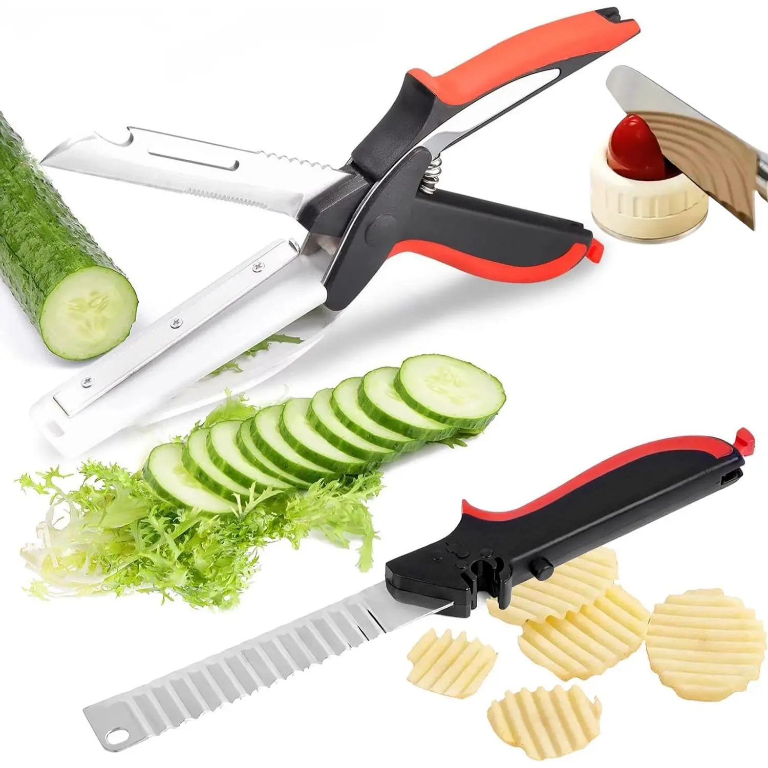 2 Packs Stainless Steel Cutting Board Scissors With Cutting Board & 1Pc Suction Cup Sharpening Stone Kit, 2 in 1 Kitchen Scissors for Food, Vegetable Slicer Cutter,Multiple Purpose Chopper for Meat Cheese Vegetables Fruits