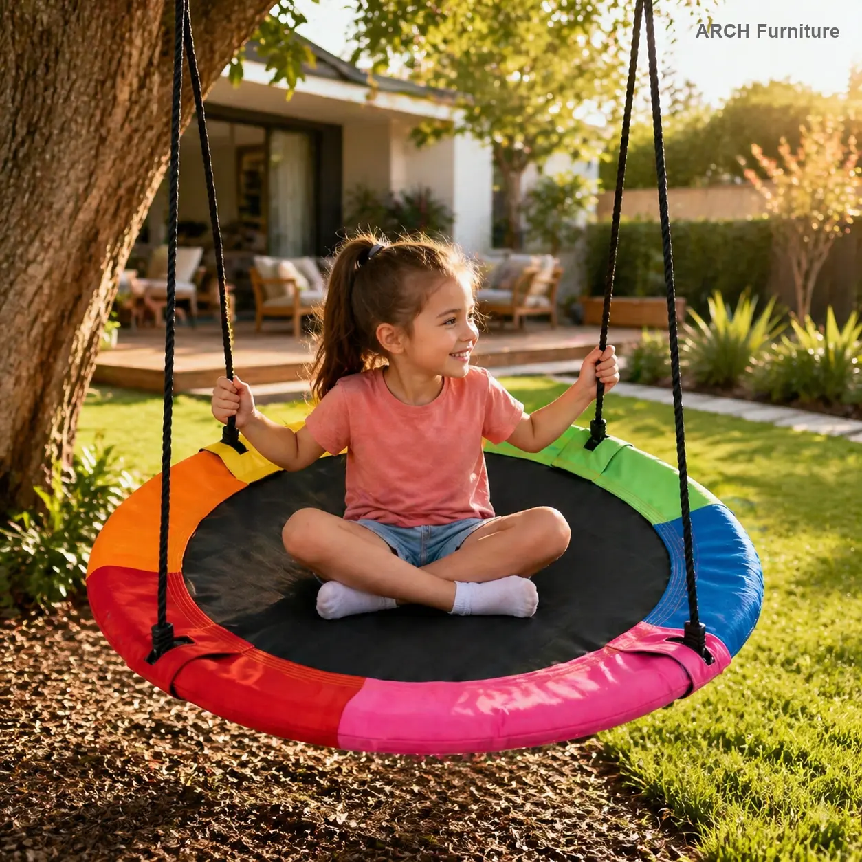 40” Size Arch Rainbow Saucer Tree Swing with 3-Kid Circle Seat, Deep Secure Single/Dual Rope, Tool-Free Setup Metal Playground Equipment for Kids’ Outdoor Yard Use