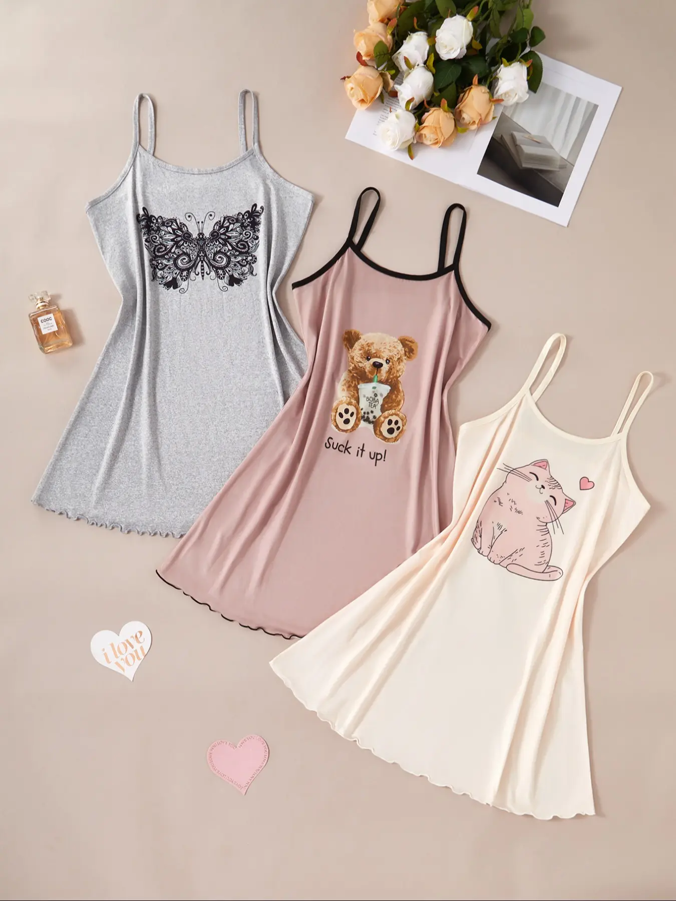 Women's Sleeveless Camisole Dress Set, Cartoon Animal Butterfly Print, Casual Nightdress Sleeveless Nightgown Nightwear Sleepwear Homewear & Comfortable Home Wear, 3-Pack