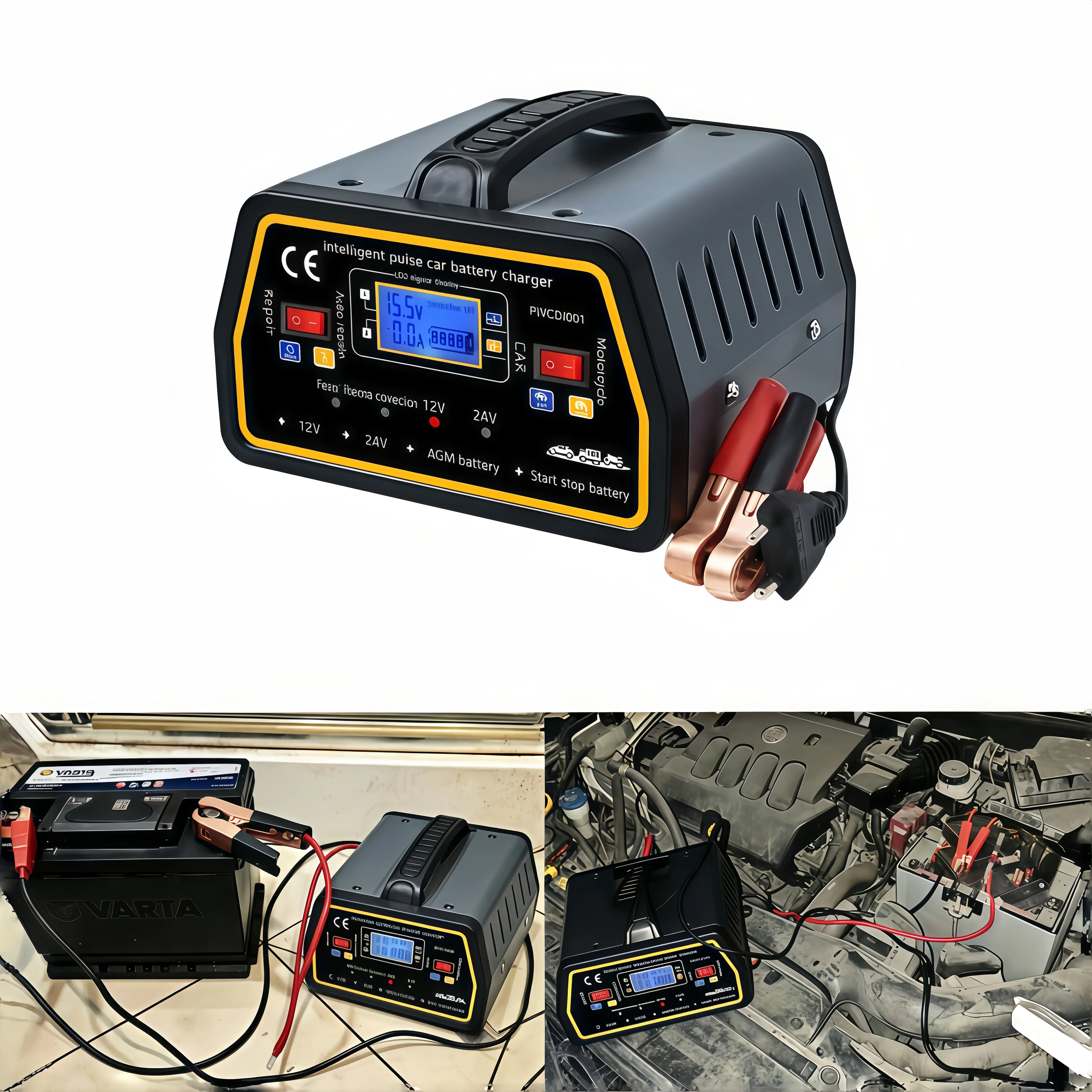 Smart Vehicle Battery Charger 12V/24V, Automatic Trickle Maintainer Pulse Desulfator Battery Repairer for Car Motorcycle RV Boat AGM Lithium Lead Acid Batteries ergonomic grip, anderson connector,power universal