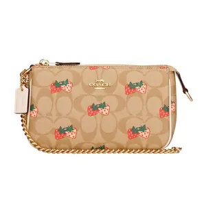 COACH Wristlet 19 Strawberry Print Leather Crossbody Bag for Women in Khaki