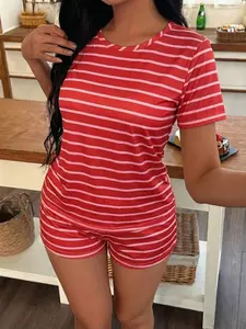Women's Short Sleeve Shorts Pajama Set, Pjs, Striped Full Print Sleepwear, Casual Loose Fit Nightwear, Comfortable Summer Loungewear