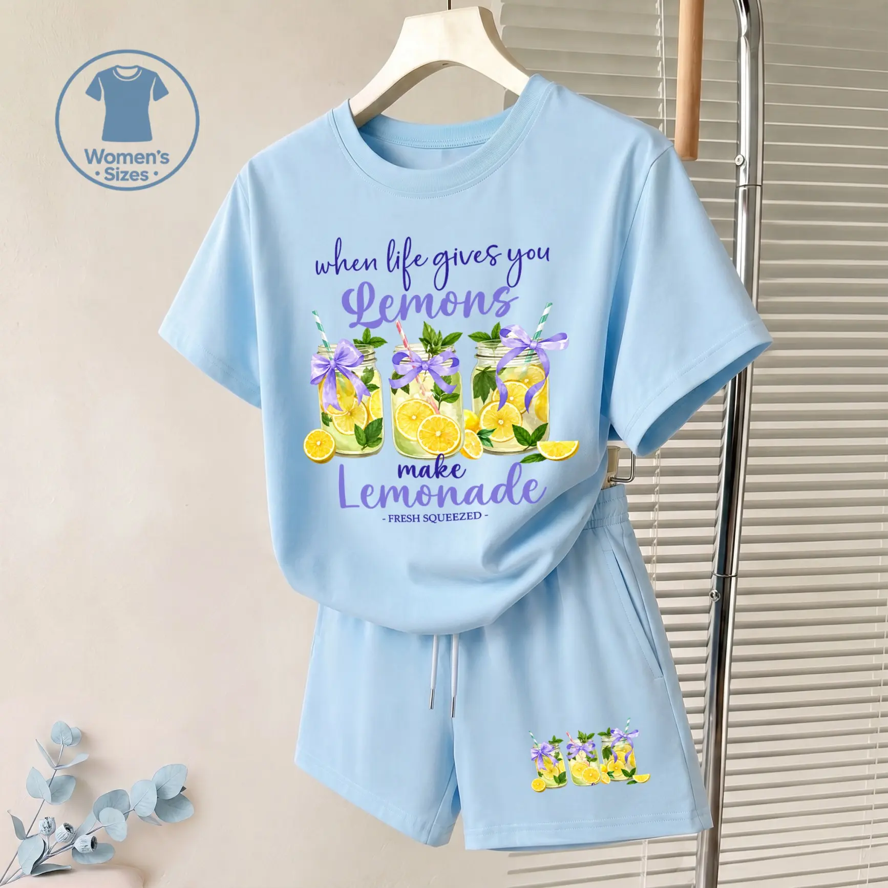 Women's Lemonade Jar Graphic Short Sleeve T-Shirt And Shorts Set, Casual Summer Two-Piece Outfit With Crew Neck Top And Drawstring Waist Shorts For Daily Wear