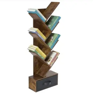 Tree Bookshelf, 7-Tier Rustic Brown Bookcase with Drawer - Narrow Slim Corner Bookshelf for Small Spaces, Geometric Wooden Book Rack for Living Room, Bedroom, Home Office