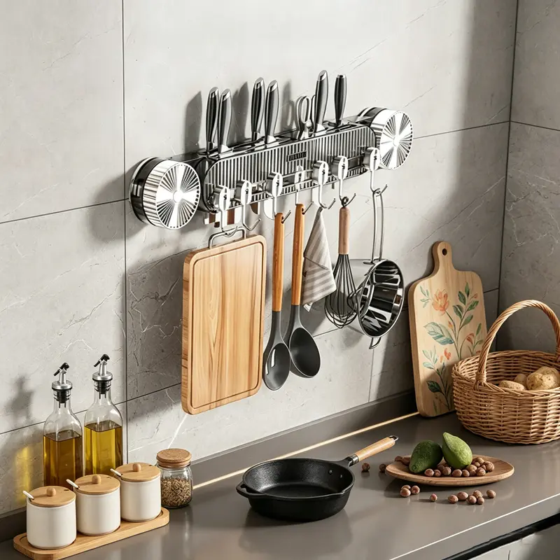 Non-Perforated Suction Cup Hook, Waterproof Durable Adjustable Kitchen Wall-Mounted Organiser for Spatula Tool Storage with Easy Installation