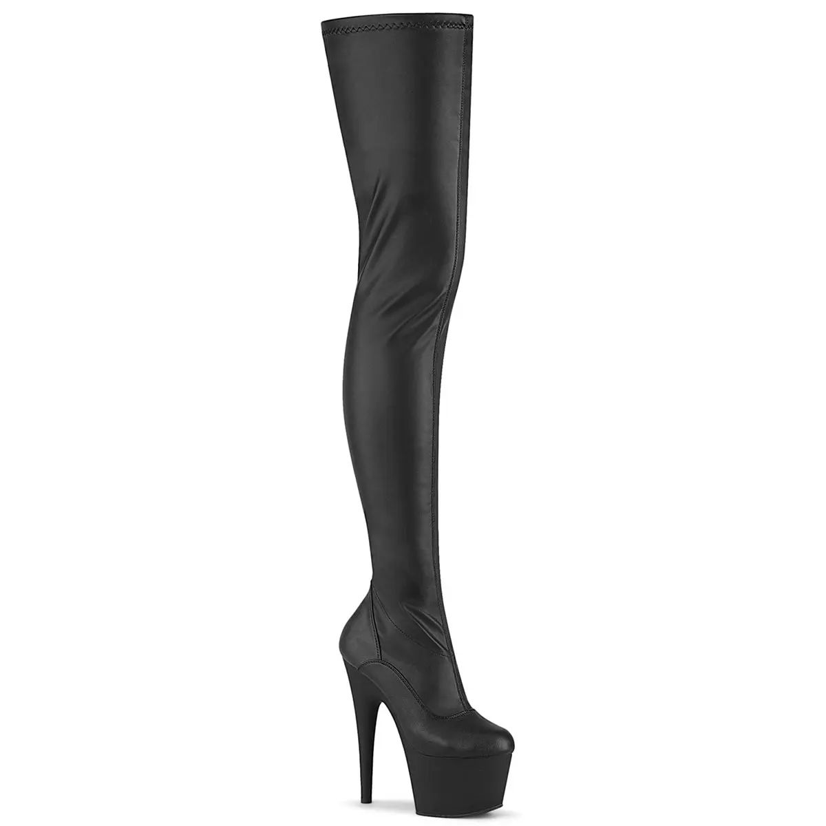Pleaser Adore-4000 Women's Thigh-High Boot in Black Stretch Faux Leather with a 7-Inch Heel Platform and Side Zip, All Seasons