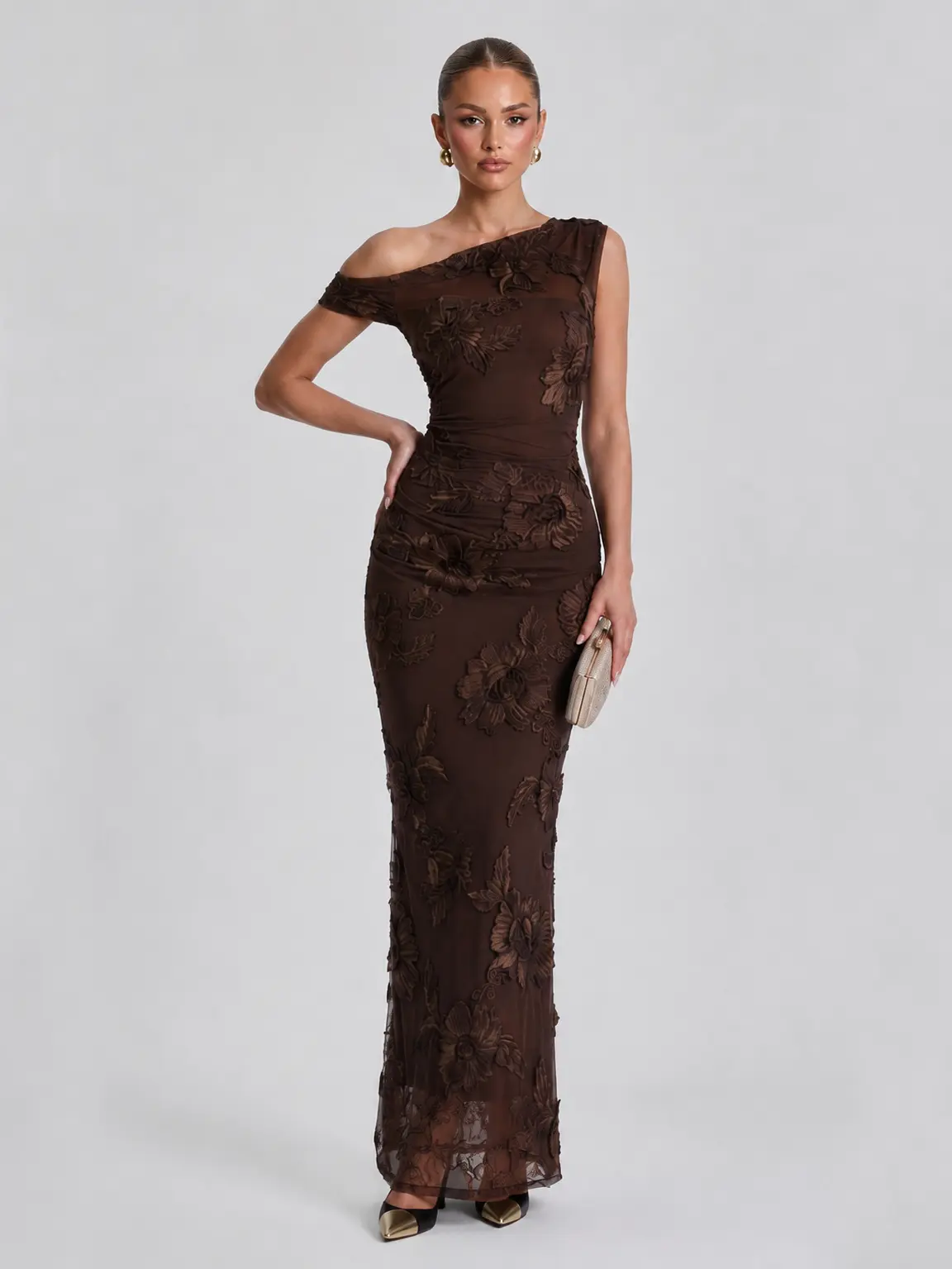 LikeMyChoice 2026 3D Floral Mesh 1-Shoulder Ruched Bodycon Mermaid Maxi Dress, Formal Evening Party Gown