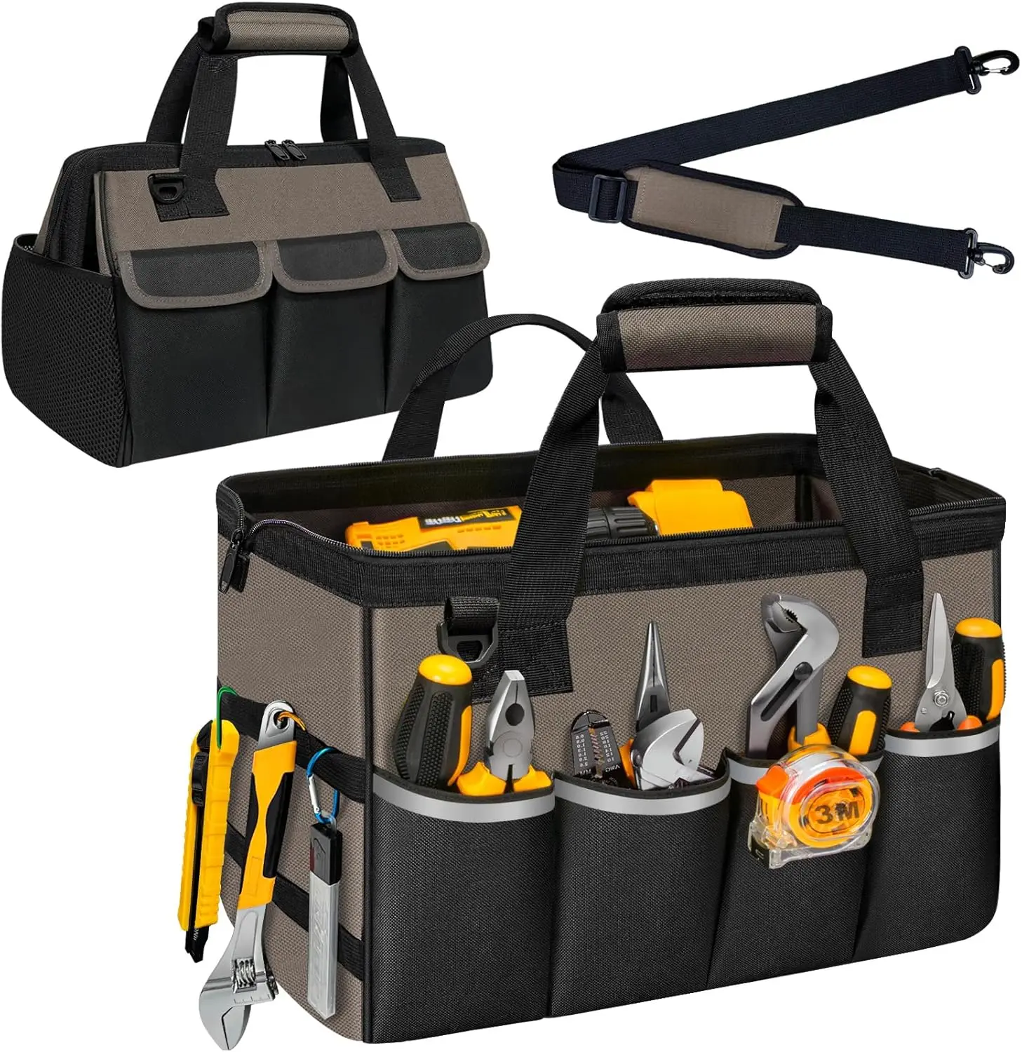 Tool Bag, Portable Tool Box Organizer Adjustable  Strap, Carry Tool Tote Heavy Duty Tool Storage Bag With Wide Mouth,Tool Bags for Men Mechanic EngineerGift - L, Coffee & Black