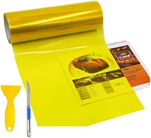 KOMAS 12” X 48” Tint Vinyl Film Sticker Sheet Roll for Car Headlight, Tail Lights, Fog Lights with Squeegee + Cutter (Glossy Yellow)