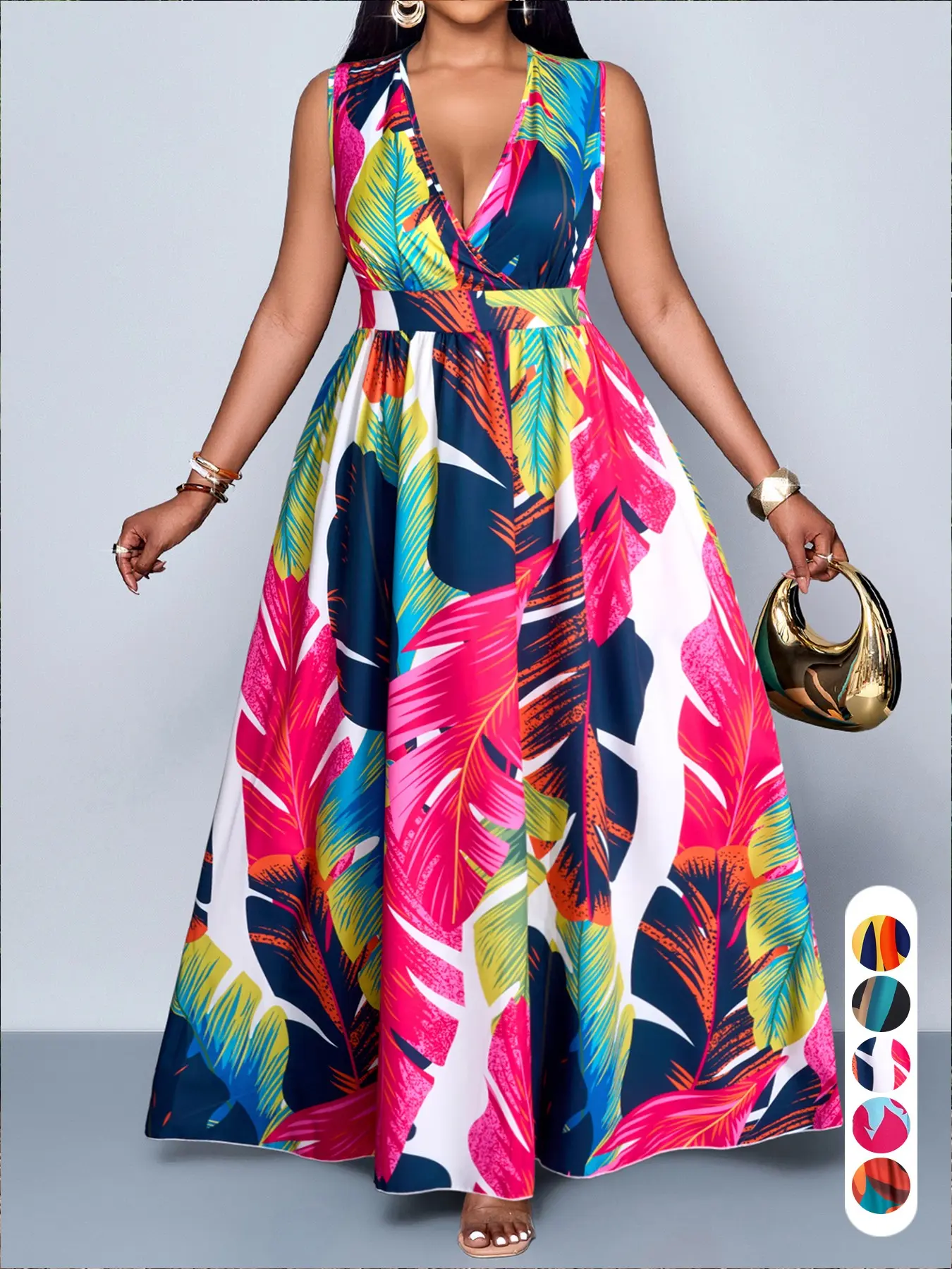 Plus Size Women's Elegant Casual Boho Chic Summer Plant Print V-Neck Sleeveless High Waist A-Line Dress for Leisure, Vacation & Outdoor