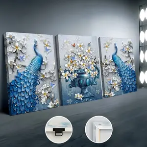 3 framed canvas paintings and posters, can be hung directly, blue peacock and flowers, elegant peacock, animal modern style, fashion trend, home decoration, wall art, room decoration, home mural, high-definition printing, ideal gift, living room, bedroom