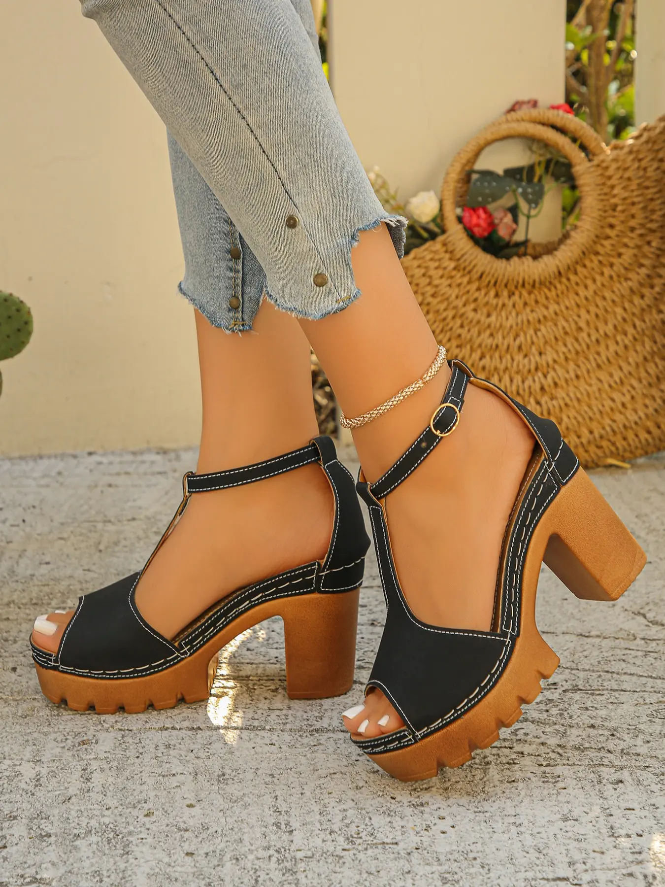 Women's Open Toe T-Strap Wooden Texture Chunky Heel Sandals, Adjustable Buckle Ankle Strap High Heels, Summer Vintage Commuter Date Shoes