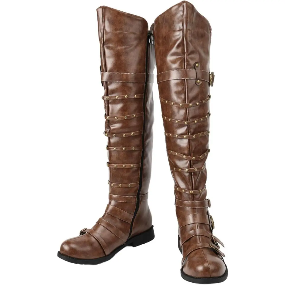 Men's Over-the-Knee Boots, Renaissance Medieval Knight PU Leather Shoes with Buckle Straps, Pirate Statement Shoes, Punk Style, Round Toe, Steampunk, Street