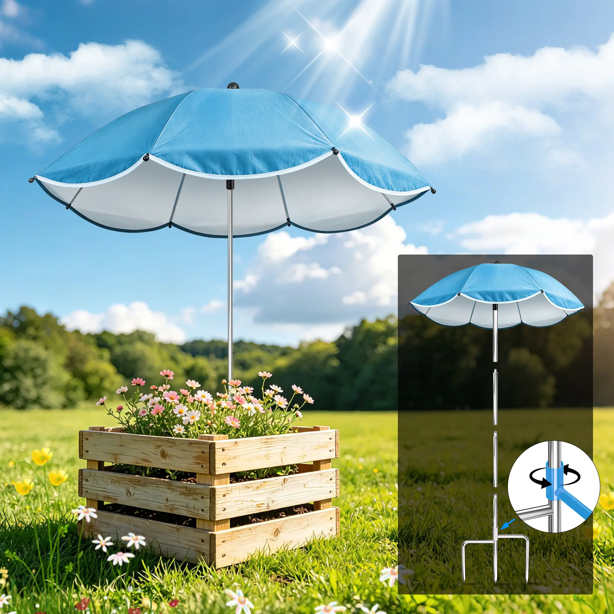 Plant care shade umbrella - reduces plant wilting and sunburn, upgraded with a 360° adjustable stand for enhanced stability, easy installation, an essential item for the care of potted plants,summervibes