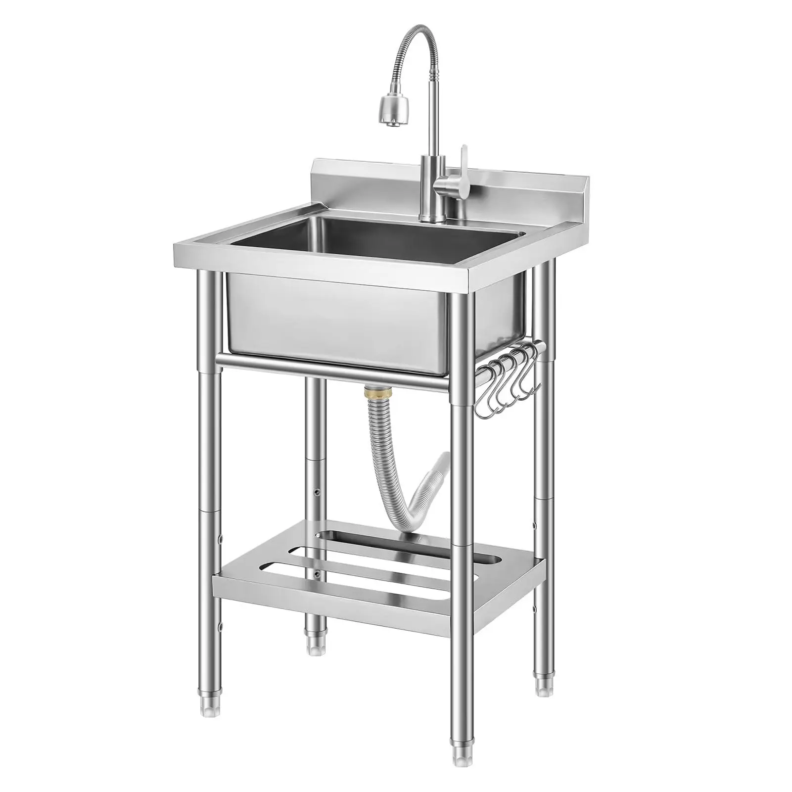 Stainless Steel Utility Sink, Free Standing Single Bowl Kitchen Sink, Adjustable Leg Height, w/Faucet,Hot and Cold Water Pipes,Commercial Laundry Tub,Hook,Storage Shelf for Indoor Outdoor Farmhouse,21.6x19.6x37.5 Inch