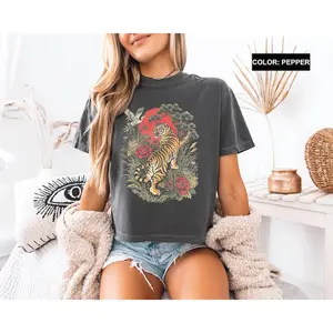 Comfort Colors Boxy Crop Tee Japanese Tiger Graphic Shirt Vintage Tattoo Style Cropped Top Women Tee