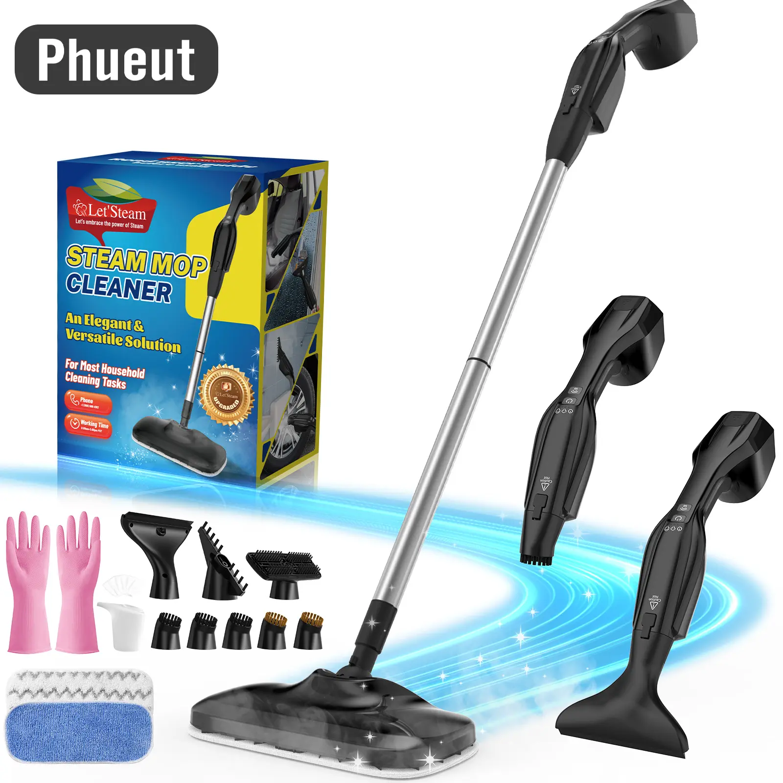 Phueut High-Power Heavy Duty Steam Mop - Corded, Handheld, Labor-Saving Steam Cleaner for House with 17 Accessories, Portable Multifunction Floor Steamer for Hardwood, Grout, Corded Steam Mops