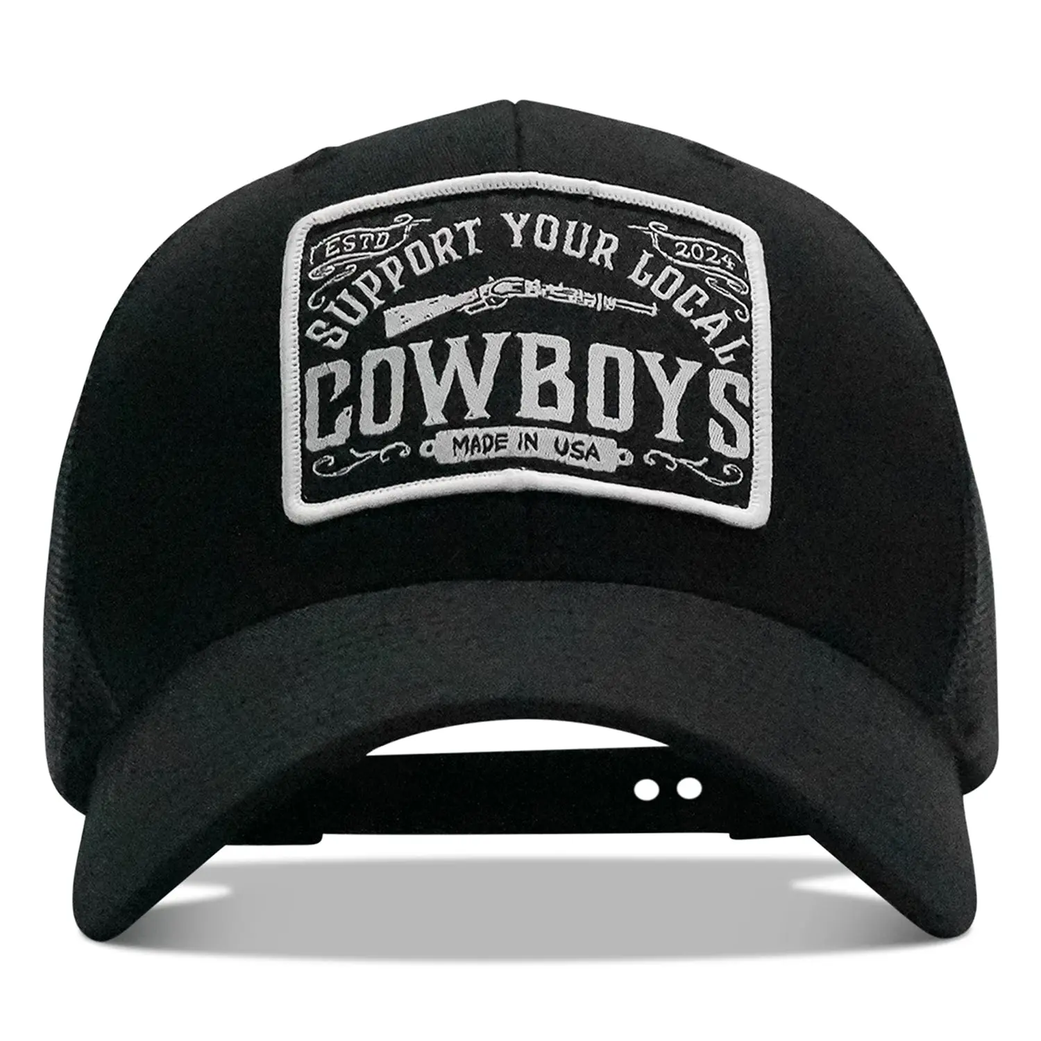 COMBAT IRON Custom Embroidered Hat - Adjustable Unisex Mid Profile Snapback Cap, Cotton Twill, Mesh-Cool Breathable Polyester Mesh Back, Local Cowboys Custom Patches, Casual Everyday Fashion Accessory