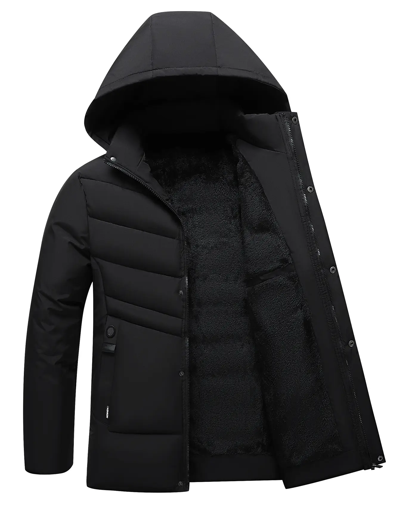 Men's Black Hooded Puffer Jacket - Lightweight Warm Winter Coat with Zip Pockets & Stand Collar