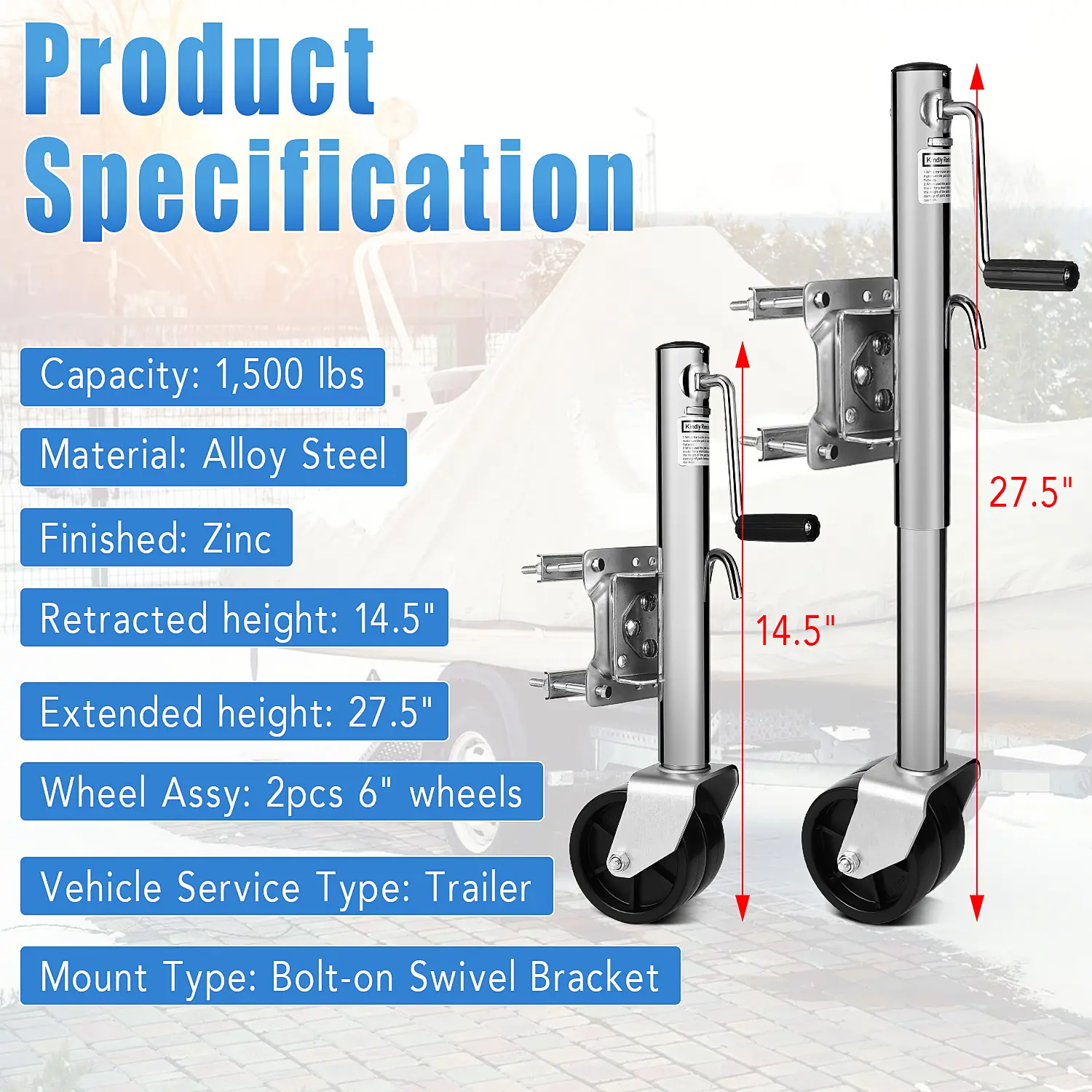 Dual Wheel Swivel Trailer Jack for Boat  Stable Leveling, RV, Camper & Utility Trailers – 1500 lbs Heavy Duty, 13" Lift, 6" Galvanized Wheels, Bolt-On/Weld-On, Corrosion-Resistant Tongue Jack