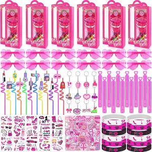 184Pcs Pink Girls Party Favors Pack For 12 Guests, Include Goodie Box Heart Glasses Straws Bubble Wands Tattoo Sticker Bracelet Keychain for Kids Girls Birthday Party Decoration Supplies