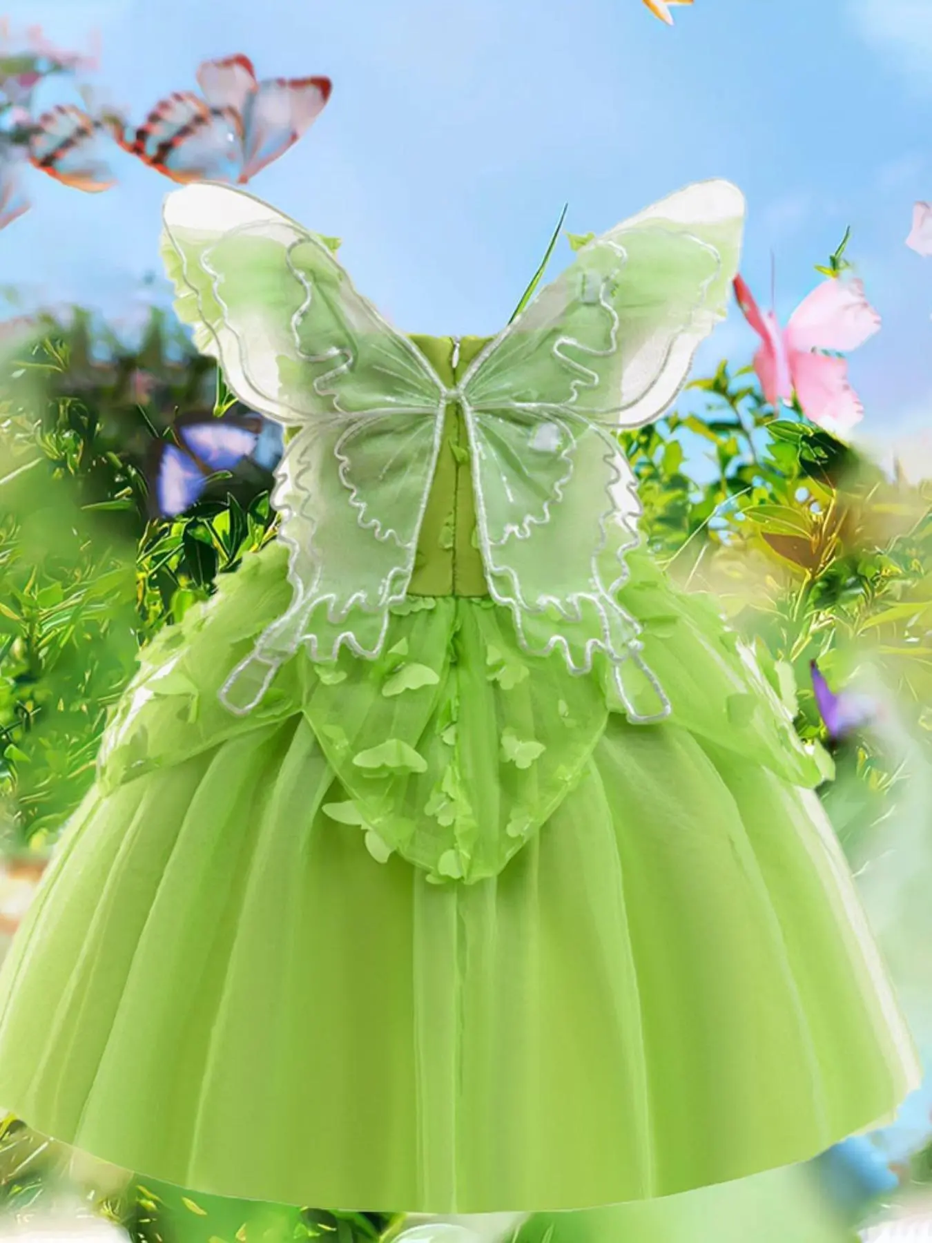 Girl's Butterfly Wing Design Appliques Tiered Layer Hem Mesh Formal Dress, Cute Elegant Square Neck Butterfly Sleeve A Line Dress for Party Photography, Kids Clothes for All Seasons, Solid Color Dress