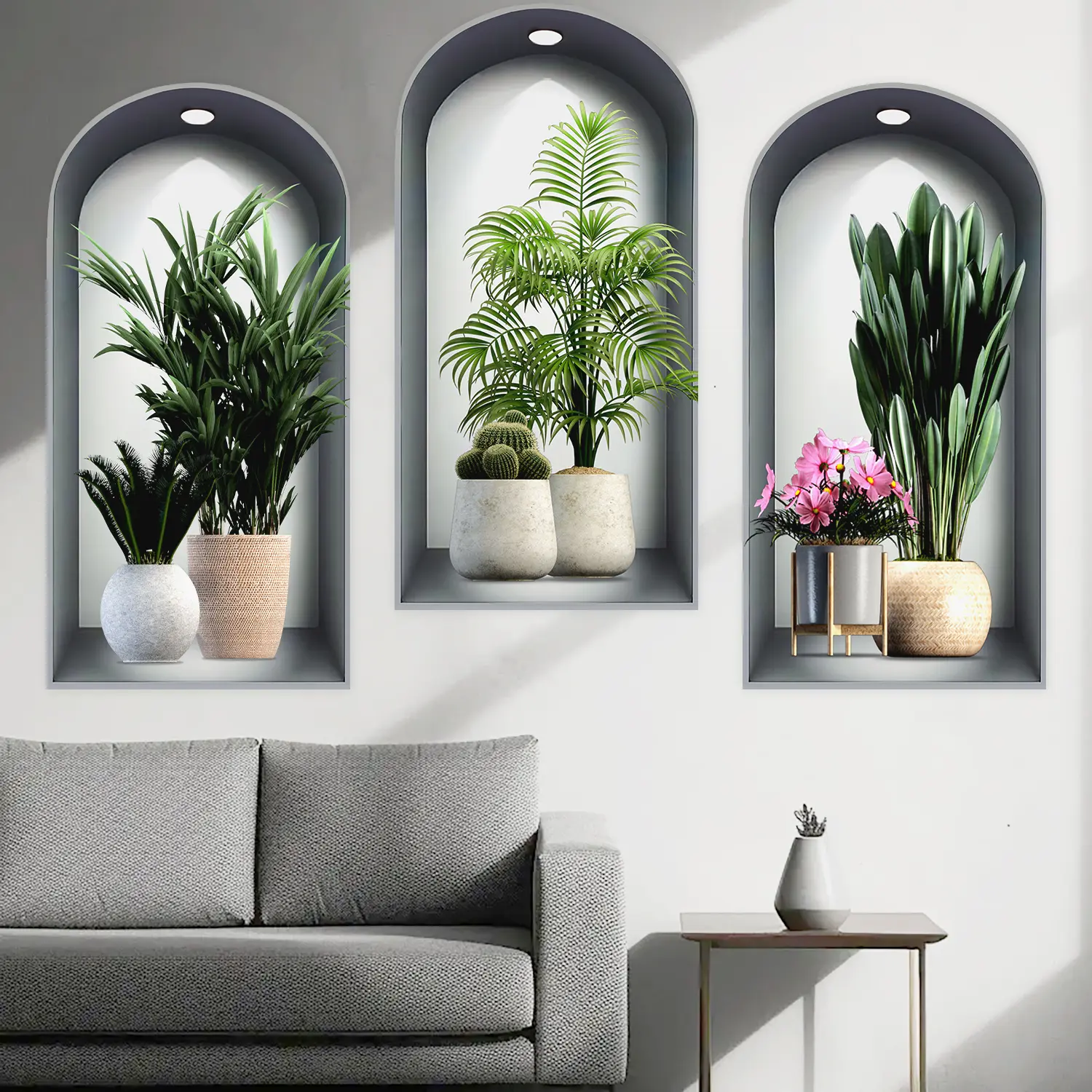 3-piece set, Nordic green plant themed arched window flower basin wall sticker, self-adhesive removable decorative sticker, Wall Art Stickers, Sticker Decorations, Home Decor, suitable for wall decoration in living rooms, dining rooms, and study rooms