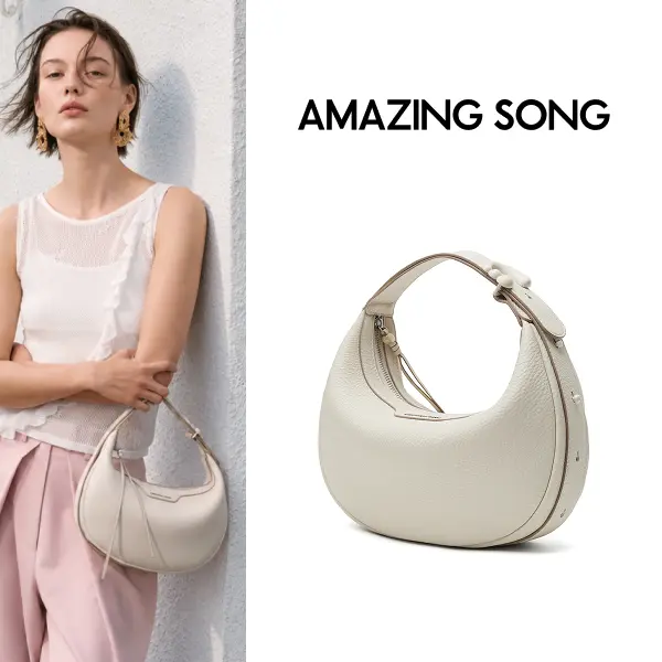 AMAZING SONG Half-Moon Bag, Top-Grain Leather Crescent Bag, Wearable as Handheld, Underarm or Crossbody Bag