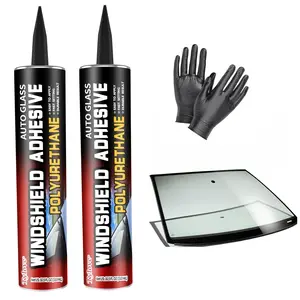 Automotive Windshield Urethane Adhesive - 10.5Oz Black 2-Pack, Quick-Curing, Weather-Resistant, Professional-Strength Auto Glass Glue for Vertical & Overhead Applications, Kit with Gloves + Clear Silicone Multi-Purpose Sealant Car