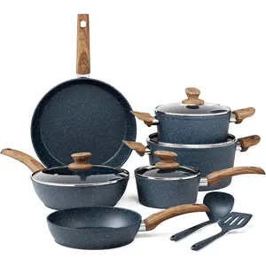 Pots and Pans Set Non Stick - 12 count Induction  Cookware Sets, Blue Granite Nonstick Cooking Pans Set