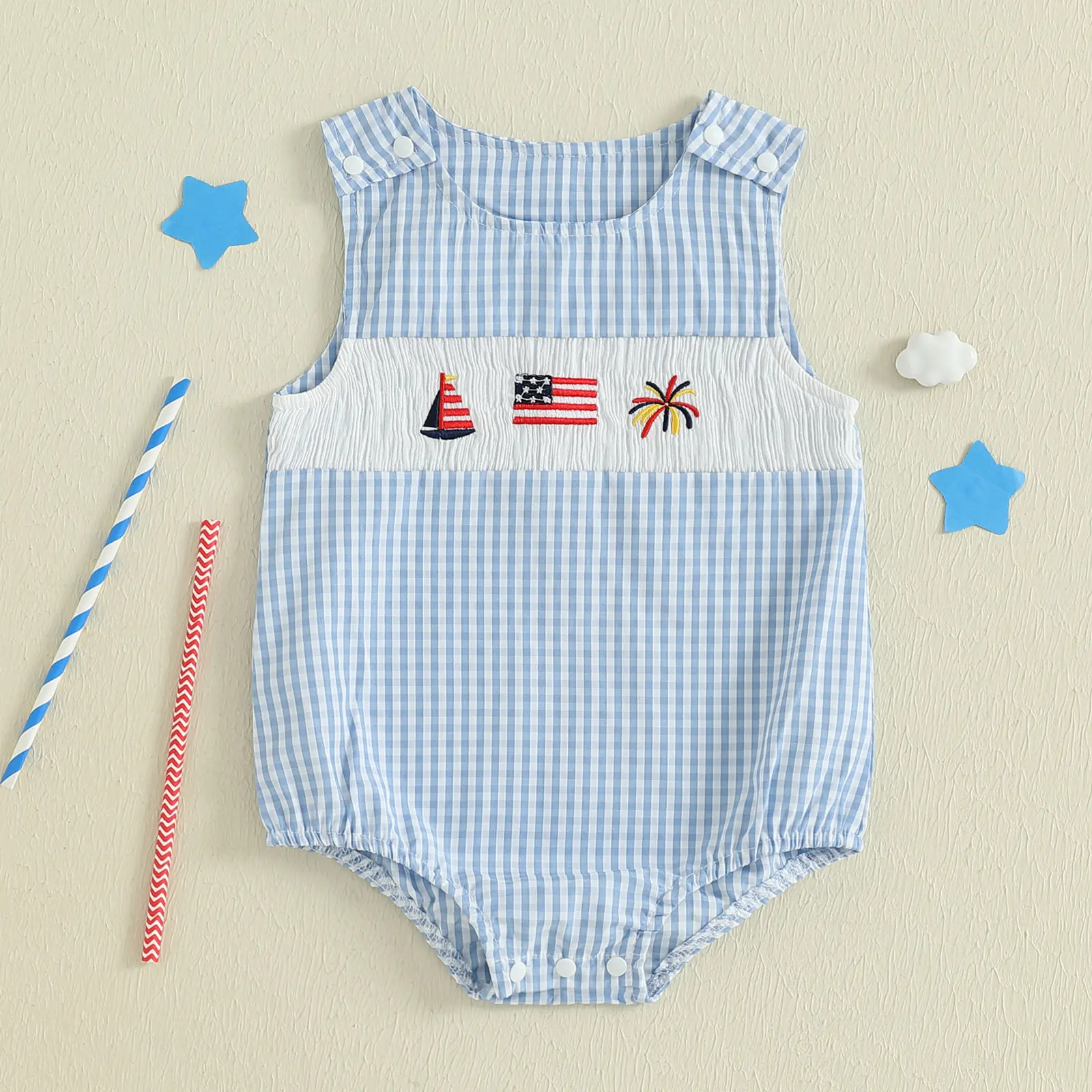 Imcute Infant Baby Girl Boy 4th of July Romper Sleeveless Round Neck Firework Sailboat Flag Embroidery Bodysuit Infant Playsuit 0-18 Months