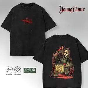 Unisex Dead by Daylight Ghost Face Graphic Cotton T-Shirt, Short-Sleeve Round Neck Casual Tee, Retro Vintage Washed Horror Gaming Streetwear Menswear Summer Top men fashion black fits