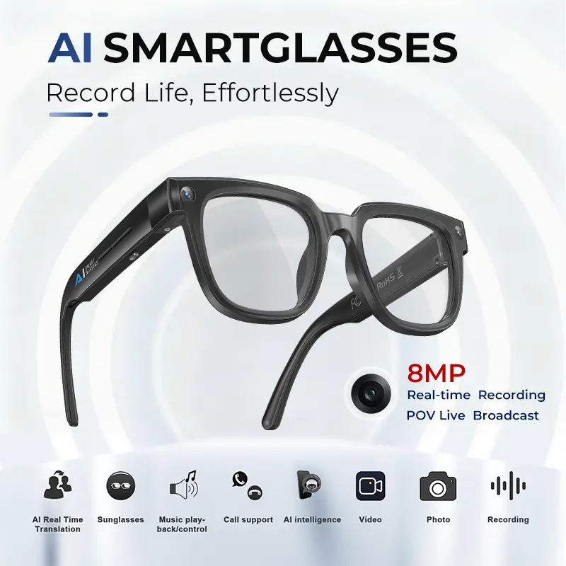 AI Sport Smart Glasses - Wearable Device, 8MP Camera, Hands-Free Photo/Video Recording, Anti-Shake, WiFi Transfer, Green Lens, App Translation, Bluetooth Calls, Open-Ear Audio, Lightweight Wireless Recording Glasses for Cycling & Daily Use