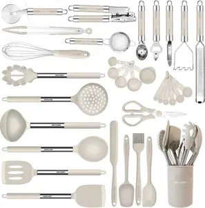 33PCS Silicone Cooking Utensils Set, Non Stick Kitchen Tools with Stainless Steel Handles & Holder, Complete Cookware Set (Khaki)