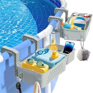 2-Pack 2026 Upgrade Heavy-Duty Waterproof Hollow Poolside Storage Basket Set, 3-in-1 Hanging Organizer with Cup Holder for Cups & Towels, Fits 3-in or Less Top Rails (Grey)