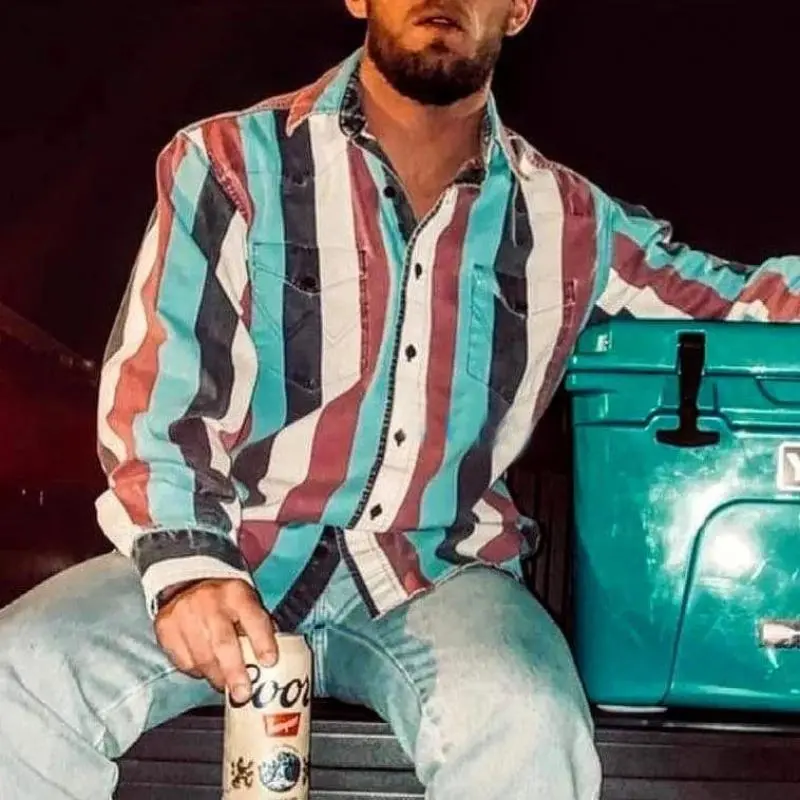 2025 Western Cowboy Men's Shirts Blouses Striped Casual Button Down Long Sleeve Shirt Tops With pockets Collar Fabric casual comfy breathable t-shirt athletic short sleeve tee Menswear Polyester Wetsuit Clothes