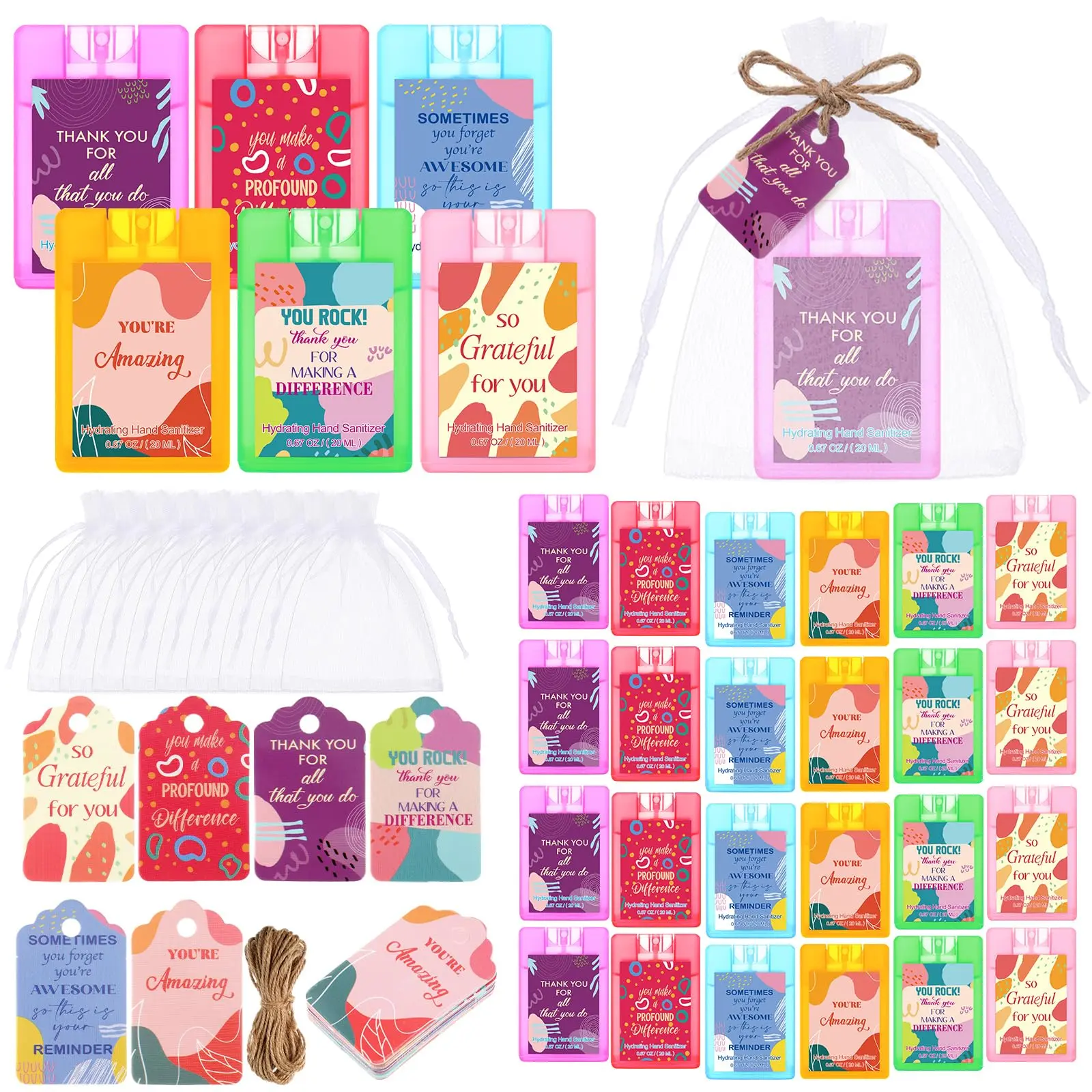 Christmas Hydrating Hand Sanitizer Spray 0.67oz (20ml) ,Bulk 12/24 Sets Mist Portable Hand Sanitizer with Positive Sayings Gift Cards & Clear Organza Bags, Fruity Scent Thank You Gifts for Teacher Camp Counselor Church volunteer Gifts Kids group favors